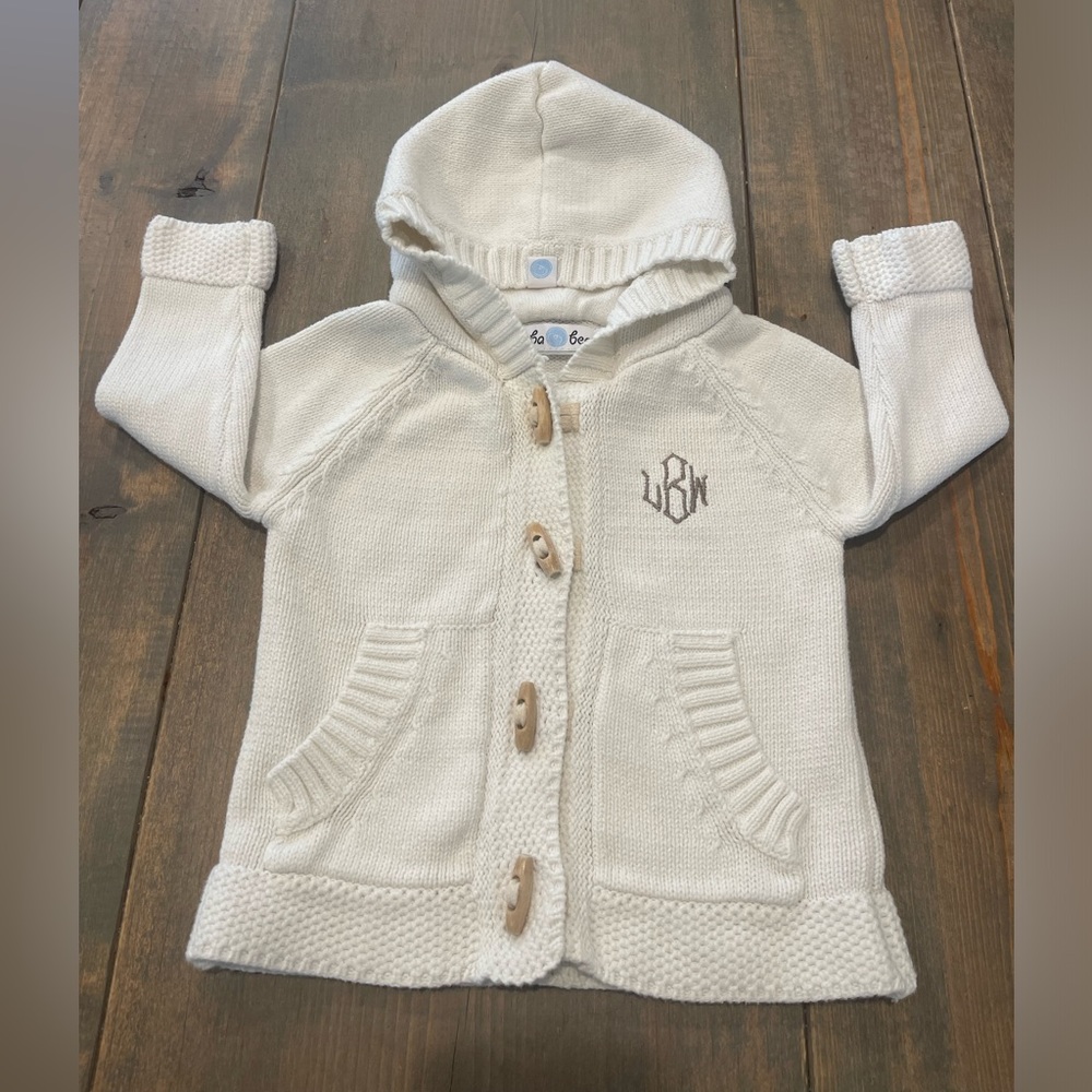 Beba Bean Baby Girl’s Embroidered Letters Hoodie Knit Ivory Sweater Size: 6-9mon